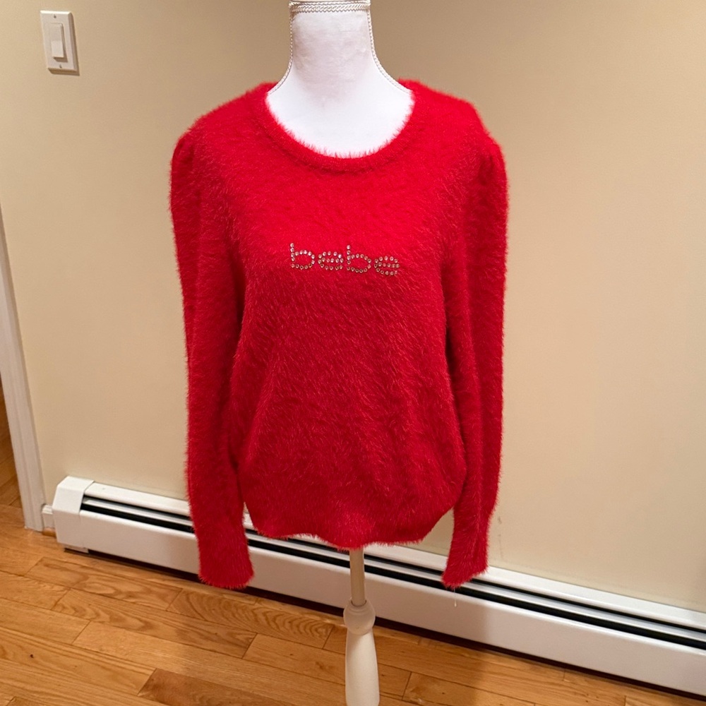 ❤️🔥❤️Bebe Vibrant Red Fuzzy Crew Neck Sweater